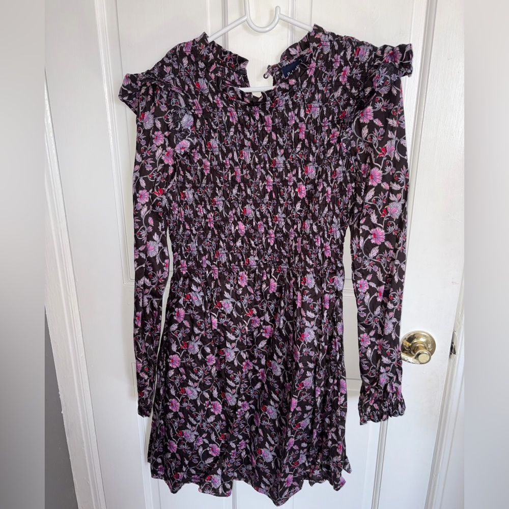 Floral Shirred Long-Sleeve Dress in Black and Pink
